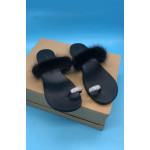 Crystal Buckle Slides Shoes Real Mink Fur Cow Leather Strap Flip Flops