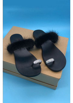 Crystal Buckle Slides Shoes Real Mink Fur Cow Leather Strap Flip Flops