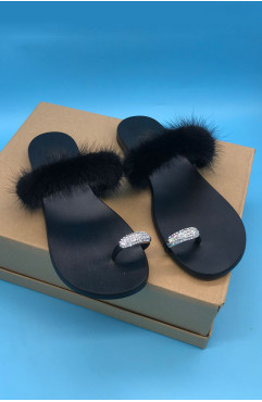Crystal Buckle Slides Shoes Real Mink Fur Cow Leather Strap Flip Flops