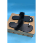 Crystal Buckle Slides Shoes Real Mink Fur Cow Leather Strap Flip Flops