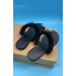 Crystal Buckle Slides Shoes Real Mink Fur Cow Leather Strap Flip Flops