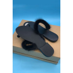 Crystal Buckle Slides Shoes Real Mink Fur Cow Leather Strap Flip Flops