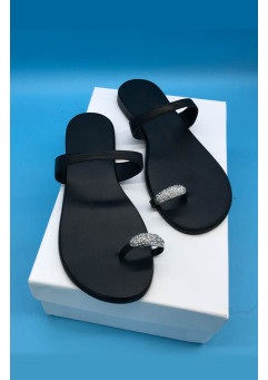 Cow Leather Women Crystal Buckle Flip Flops Beach Flat Sandals