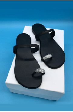 Cow Leather Women Crystal Buckle Flip Flops Beach Flat Sandals