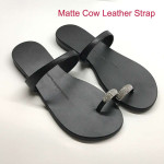 Cow Leather Women Crystal Buckle Flip Flops Beach Flat Sandals