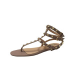 NUDE T-STRAPPY STUDDED FLAT SANDALS