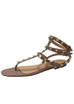 NUDE T-STRAPPY STUDDED FLAT SANDALS