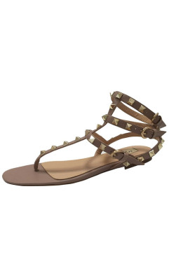 NUDE T-STRAPPY STUDDED FLAT SANDALS