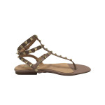 NUDE T-STRAPPY STUDDED FLAT SANDALS