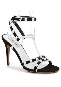 BLACK STRAPPY WHITE RIVETS SLINGBACK STILETTO HEELS