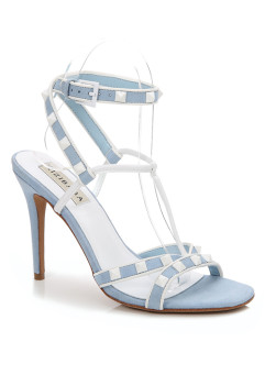 LIGHT BLUE STRAPPY WHITE RIVETS 100MM HEEL DRESS SANDALS