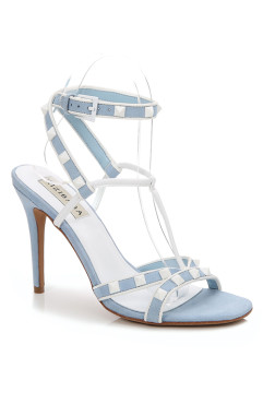 LIGHT BLUE STRAPPY WHITE RIVETS 100MM HEEL DRESS SANDALS