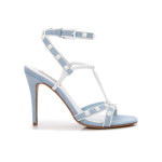 LIGHT BLUE STRAPPY WHITE RIVETS 100MM HEEL DRESS SANDALS