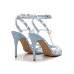 LIGHT BLUE STRAPPY WHITE RIVETS 100MM HEEL DRESS SANDALS