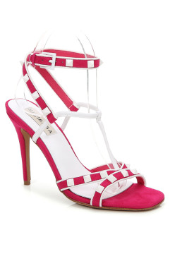 FUSHCIA STRAP WHITE RIVETS 100MM HEEL DRESS SANDALS