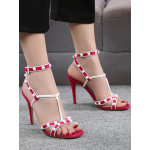  FUSHCIA STRAP WHITE RIVETS 100MM HEEL DRESS SANDALS