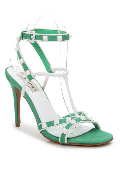GREEN STRAPPY WHITE RIVETS 100MM HEEL DRESS SANDALS