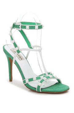 GREEN STRAPPY WHITE RIVETS 100MM HEEL DRESS SANDALS