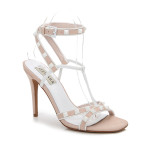 NUDE STRAPPY WHITE RIVETS 100MM HEEL DRESS SANDALS