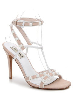 NUDE STRAPPY WHITE RIVETS 100MM HEEL DRESS SANDALS