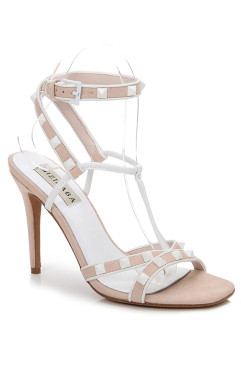 NUDE STRAPPY WHITE RIVETS 100MM HEEL DRESS SANDALS