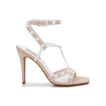 NUDE STRAPPY WHITE RIVETS 100MM HEEL DRESS SANDALS