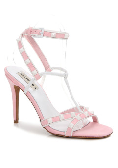 PINK STRAPPY WHITE RIVETS 100MM HEEL DRESS SANDALS