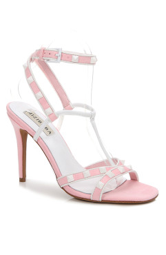 PINK STRAPPY WHITE RIVETS 100MM HEEL DRESS SANDALS