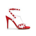RED STRAPPY WHITE RIVETS 100MM HEEL DRESS SANDALS