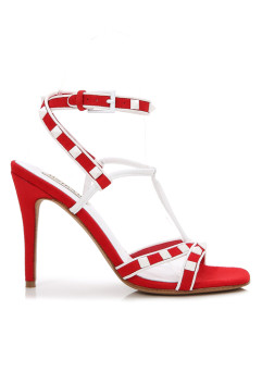 RED STRAPPY WHITE RIVETS 100MM HEEL DRESS SANDALS