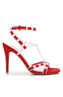 RED STRAPPY WHITE RIVETS 100MM HEEL DRESS SANDALS