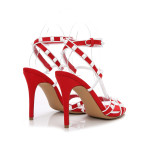 RED STRAPPY WHITE RIVETS 100MM HEEL DRESS SANDALS