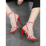 RED STRAPPY WHITE RIVETS 100MM HEEL DRESS SANDALS