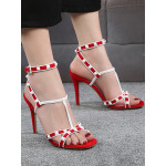 RED STRAPPY WHITE RIVETS 100MM HEEL DRESS SANDALS